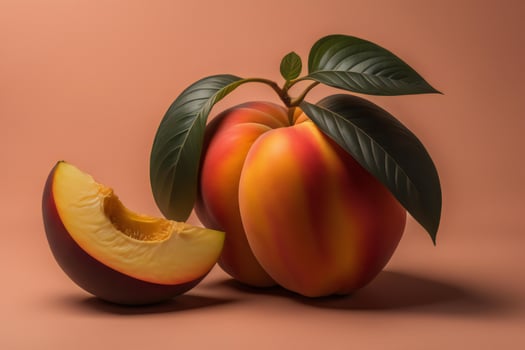 AI generated Peach fruit with leaves on a brown background. generative ai photo