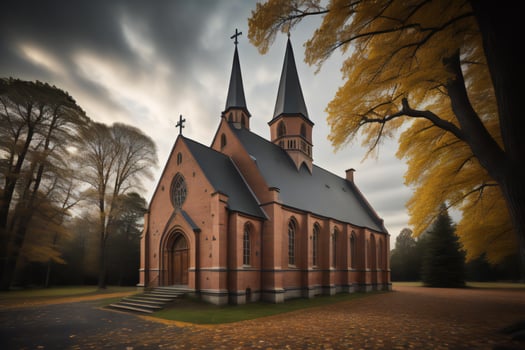 AI generated Church in the autumn park with yellow leaves. generative ai photo