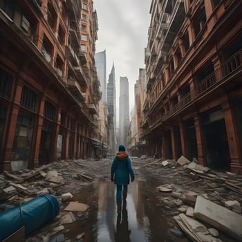 AI generated A young man walks along a flooded street. generative ai photo