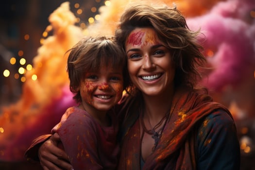 AI generated Happy mother son holi revelry, holi festival image download photo