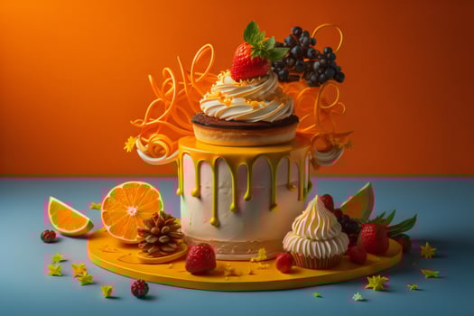 AI generated Birthday cake with cream, berries and orange on a blue background.  generative ai photo