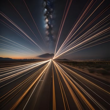 AI generated Long exposure of light trails on the highway at night with a cloud in the sky. generative ai photo