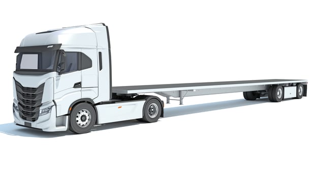 Truck with Lowboy Flatbed Trailer 3D rendering on white background photo
