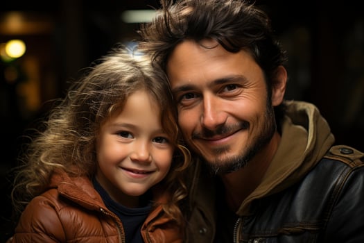 AI generated father and son in sweaters looking at the camera. generative ai photo