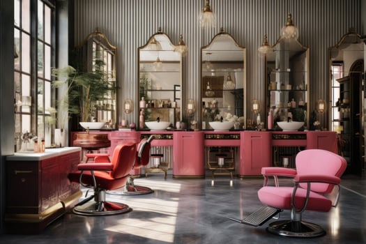 AI generated the hair salon with many tools, with a pink chair and chairs photo