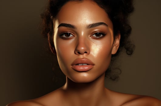 AI generated young woman with black eyes standing with her face in dark brown photo