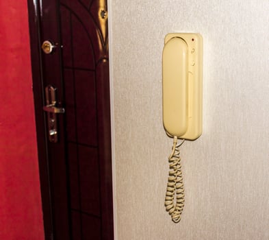 Close up shot of the intercom in the apartment. Interior photo