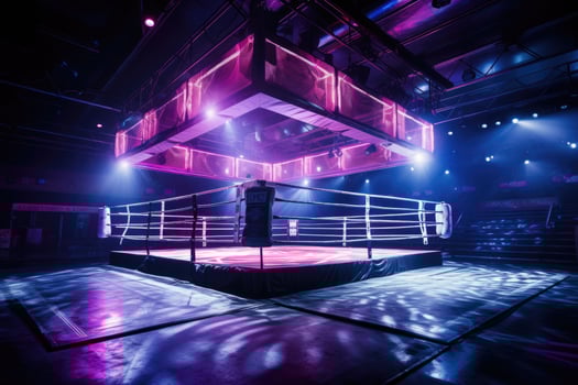 AI generated Boxing ring in a dark arena illuminated by ultraviolet light. 3D Rendering, Boxing fight ring, boxing arena for intended for MMA matches, AI Generated photo