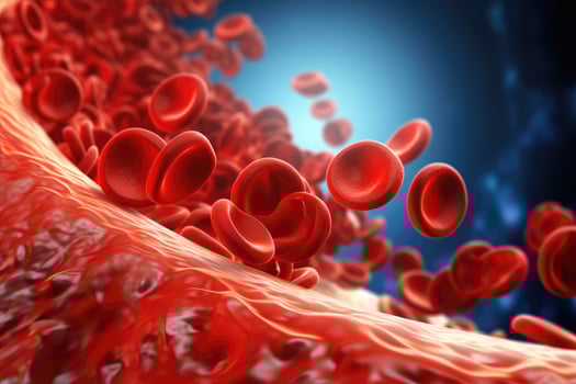 AI generated Blood cells in red blood cell. 3D illustration. Medical concept, blood clot or thrombus can obstruct the flow of red blood, AI Generated photo