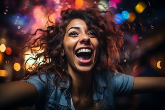 AI generated happy young woman taking selfie in the city at night party. ai generated photo