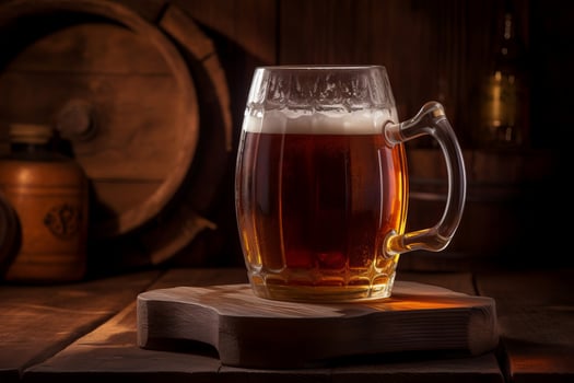 AI generated Large beer mug on wooden board. Generate ai photo