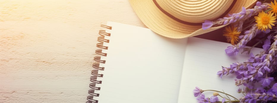 AI generated Blank writing book with summer flowers and a straw hat in the background, copy space. Flat lay with photo