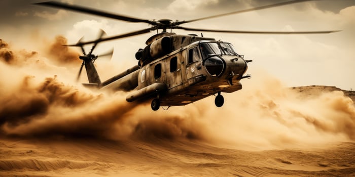 AI generated a military helicopter flying over the sand photo