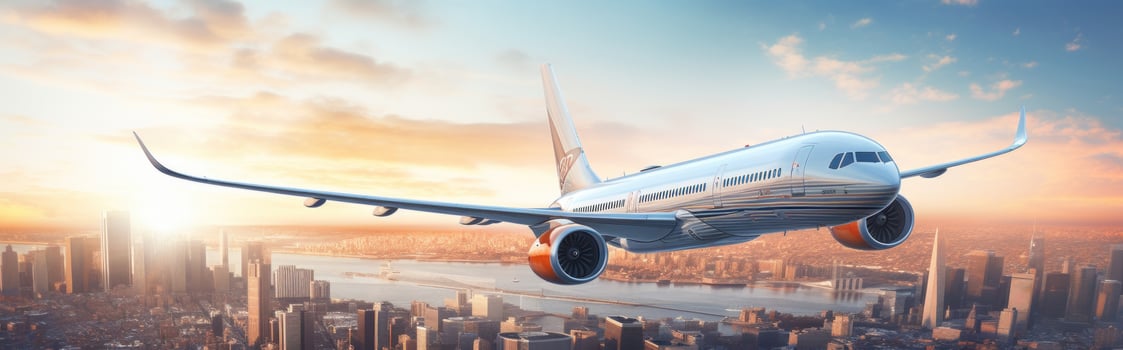 AI generated an airplane flying over a a city's skyline photo