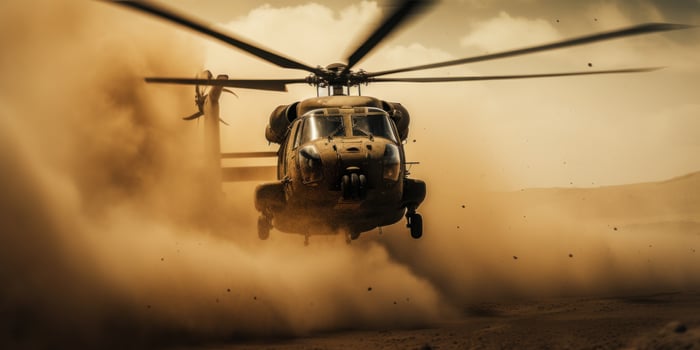 AI generated armed forces helicopter in a sand storm photo
