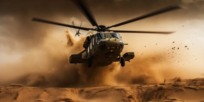 AI generated armed forces helicopter in a sand storm photo