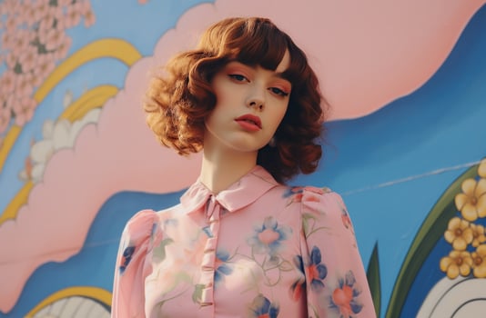 AI generated floral dress poses for a portrait in front of a pink wall photo