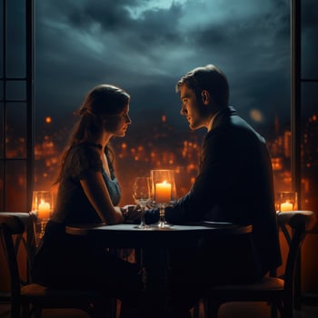 AI generated Happy young couple in candle night dinner having romantic dinner at home, woman making present surprise on candle light date Ai generated photo