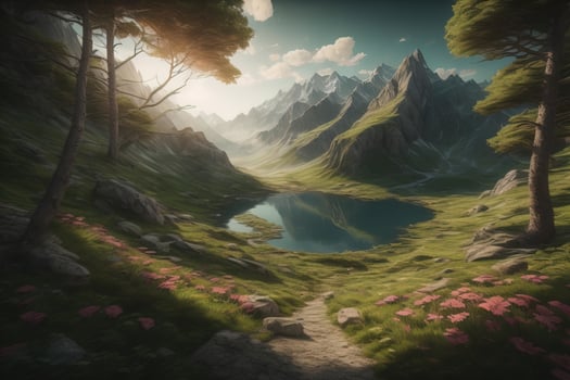 AI generated Beautiful fantasy landscape with a river in the mountains. ai generative photo