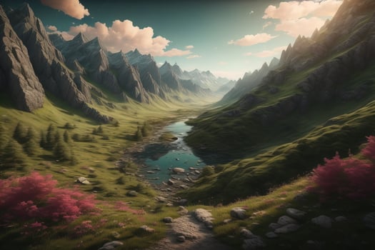 AI generated Beautiful fantasy landscape with a river in the mountains. ai generative photo