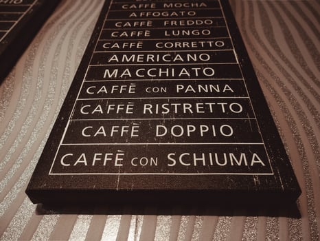 Various coffees signs in the cafe photo
