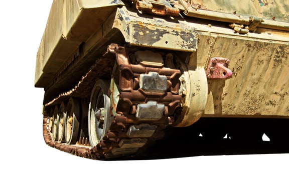 Military tank details on white photo