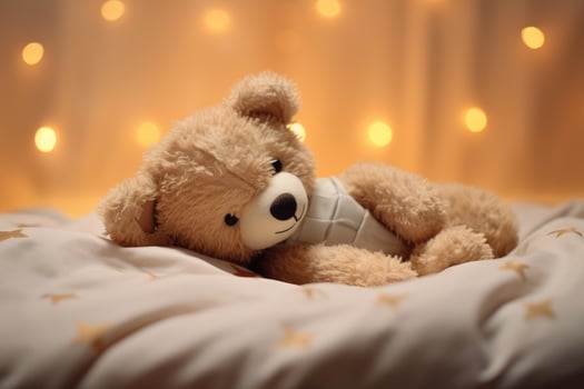 AI generated Teddy bear on bed, teddy bear on bed with pillows and lighting background Ai generated photo