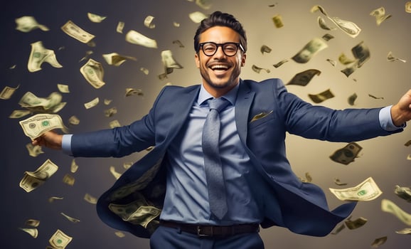 AI generated Happy man in a business suit falling dollars photo