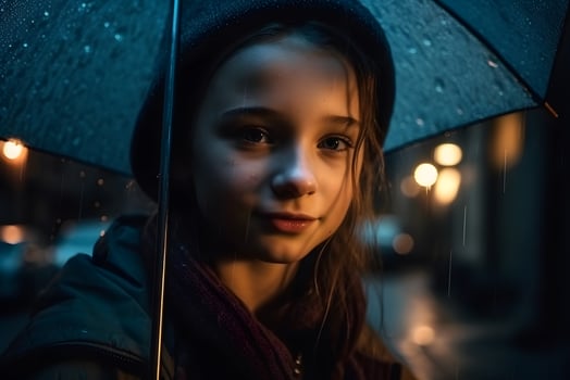 AI generated Portrait of a girl with an umbrella in the rain. Neural network AI generated photo