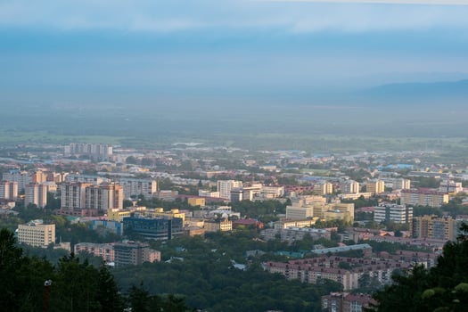 aerial cityscape, top view of Yuzhno-Sakhalinsk from Mount Bolshevik photo