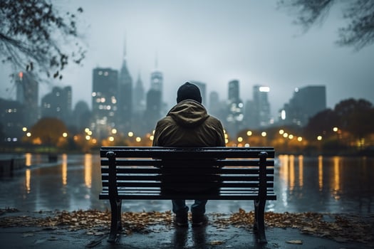 AI generated Bench solitude person embraces rainy weather against city backdrop photo