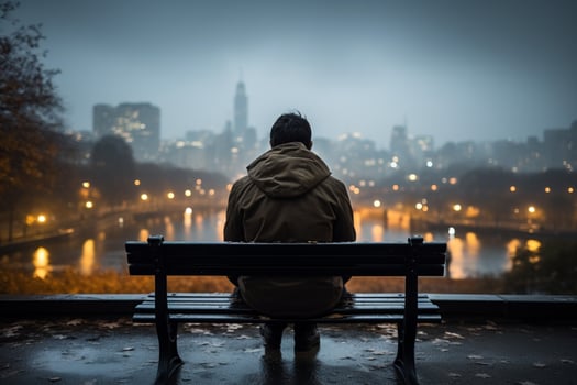 AI generated Bench solitude person embraces rainy weather against city backdrop photo