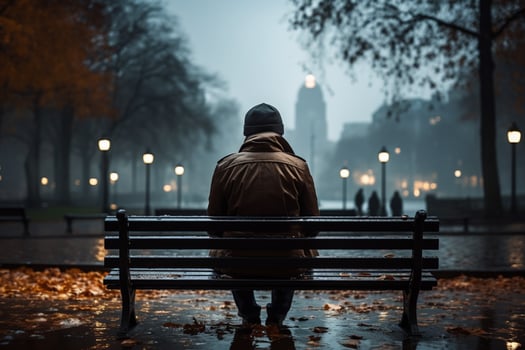 AI generated Rainy day repose person on a bench, city view obscured photo