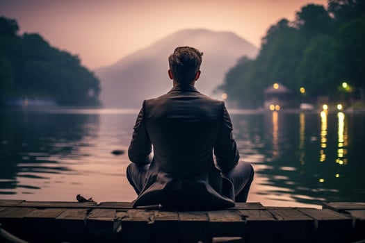 AI generated Suited contemplation man seated on dock edge, overlooking tranquil waters photo