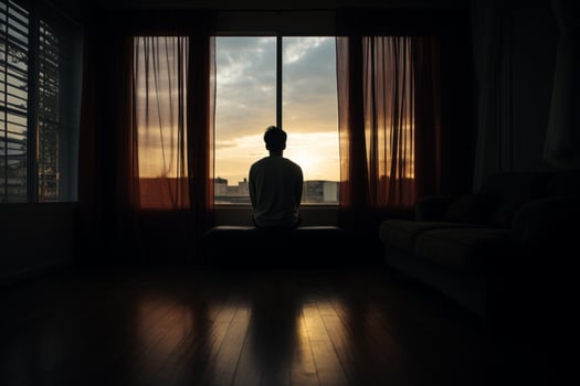 AI generated Alone at the window silhouette man stares at closed bedroom curtains photo