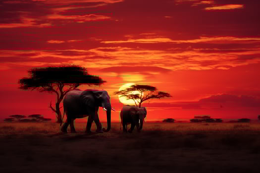 AI generated Elephant silhouettes graze in savannah, bathed in the African sunset photo
