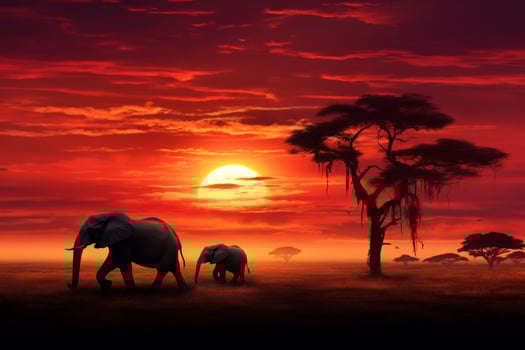 AI generated Savanna spectacle Elephants gracefully graze beneath the vibrant African sunset photo