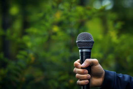 AI generated Mic in hand Urban narrative captured through the microphone lens photo