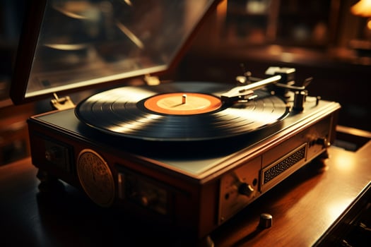 AI generated Antique charm soft light illuminates a vintage vinyl record spinning photo