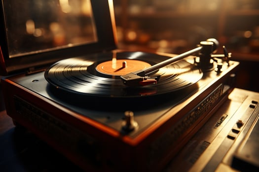 AI generated Antique charm soft light illuminates a vintage vinyl record spinning photo