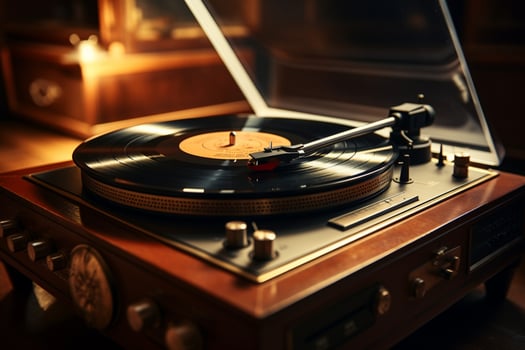 AI generated Antique charm soft light illuminates a vintage vinyl record spinning photo