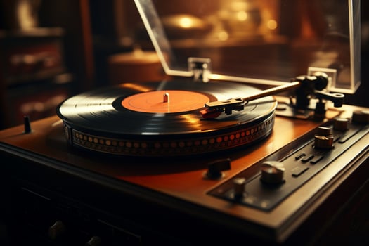 AI generated Antique charm soft light illuminates a vintage vinyl record spinning photo