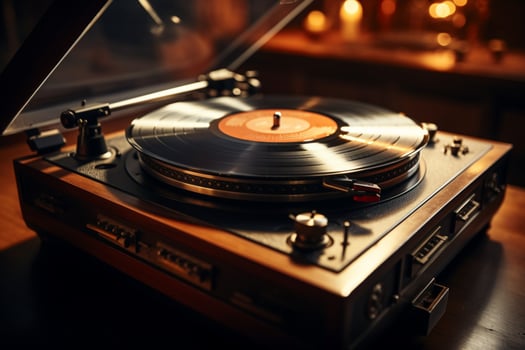 AI generated Soft lit nostalgia old record player gracefully spins vintage vinyl photo