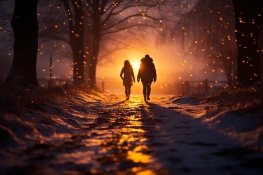 AI generated Snowy twilight Person strolls along a road at winter sunset photo