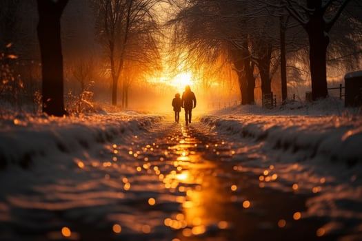 AI generated Winter stroll Person walks on snowy road at sunset photo