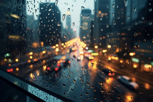 AI generated Rainy cityscape Raindrops on window with bustling city in background photo