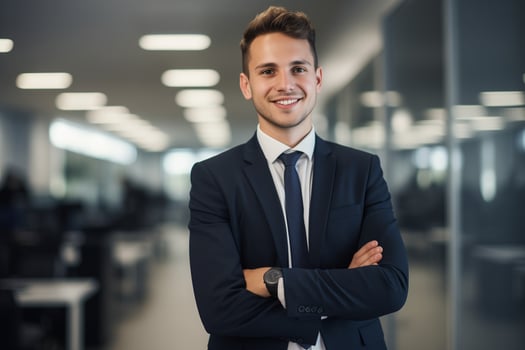 AI generated Office worker portrait of smiling handsome businessman boss in suit standing photo