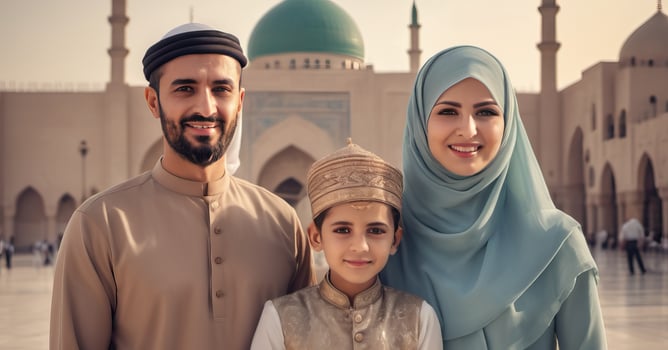 AI generated Arabian muslim family in front of a mosque photo