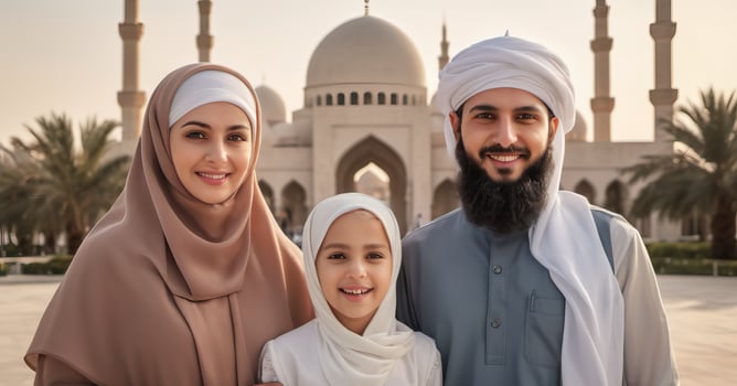 AI generated Arabian muslim family in front of a mosque photo