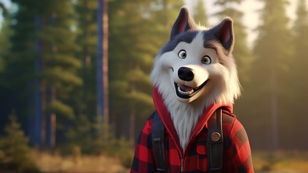 AI generated Dog wearing a red lumberjack shirt on green nature background photo